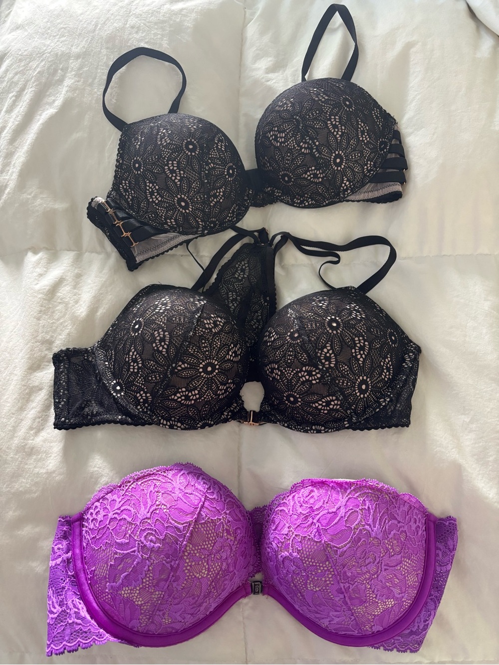 Victoria's Secret Black Lace & Purple Lace Push-Up Bra Set